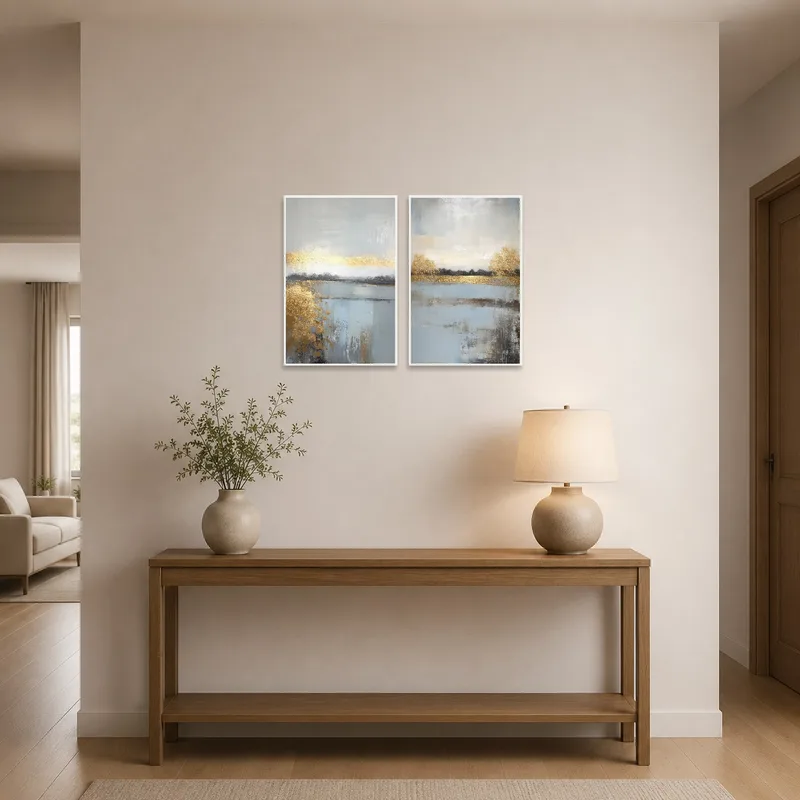 Golden abstract triptych adds warmth to an entrance hall.