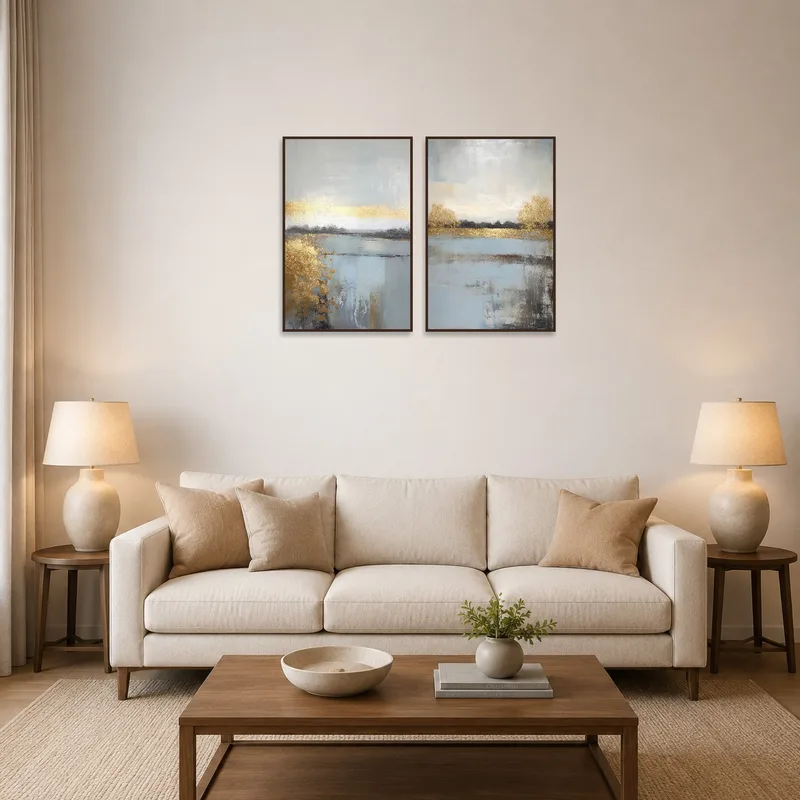 Abstract triptych with golden hues on a living room wall.
