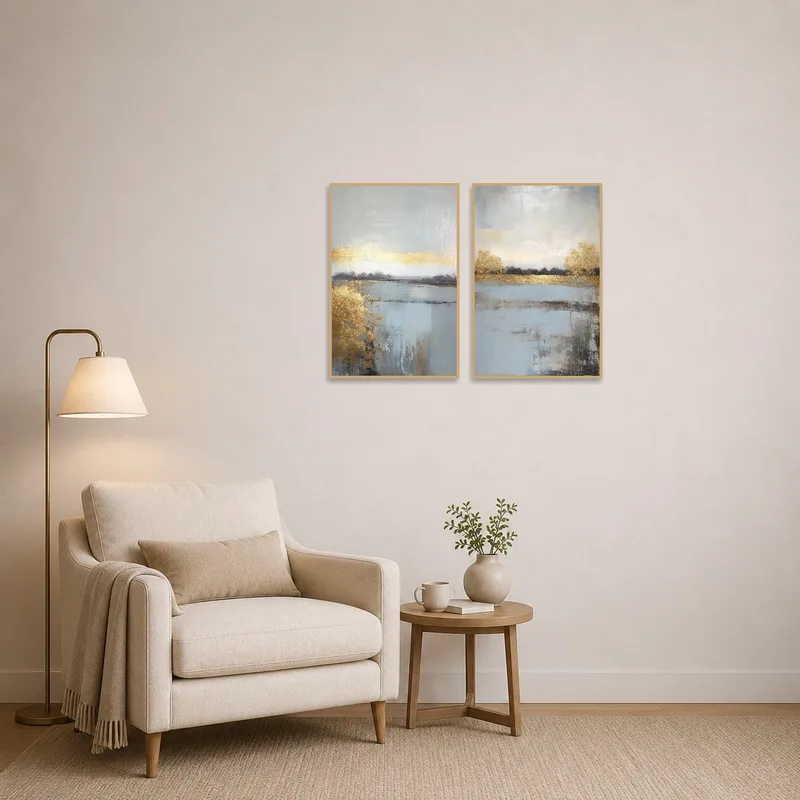 Golden abstract set enhances a cozy reading corner ambiance.