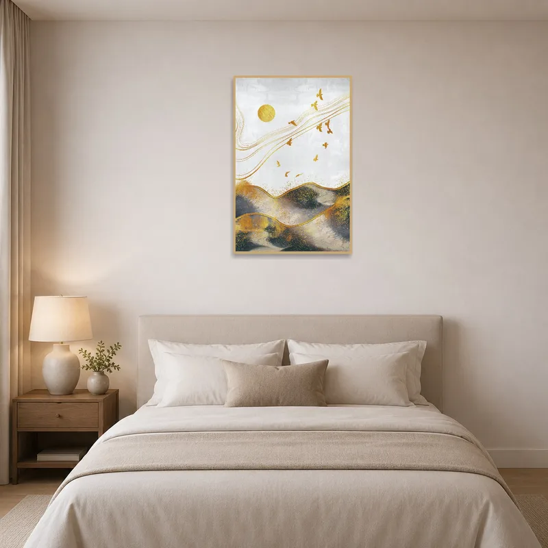 Golden Horizon with birds above a serene bedroom setting.