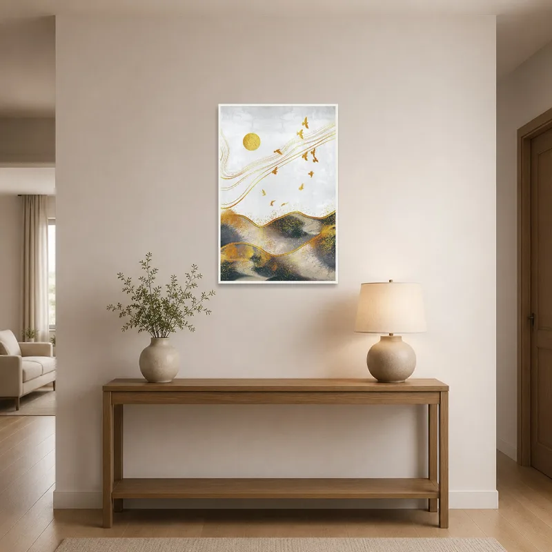 Entrance hall featuring Golden Horizon, birds soaring at sunset.