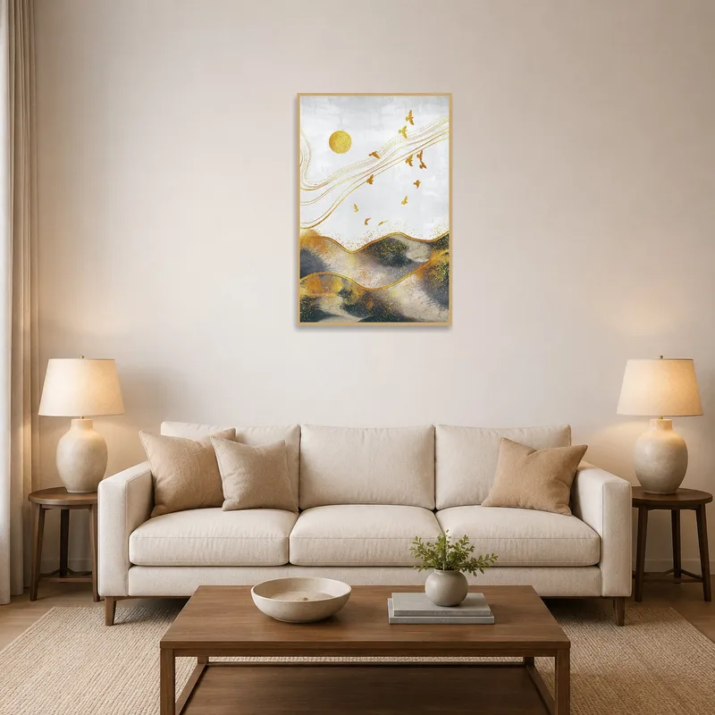 Golden Horizon artwork on living room wall with birds flying at sunset.