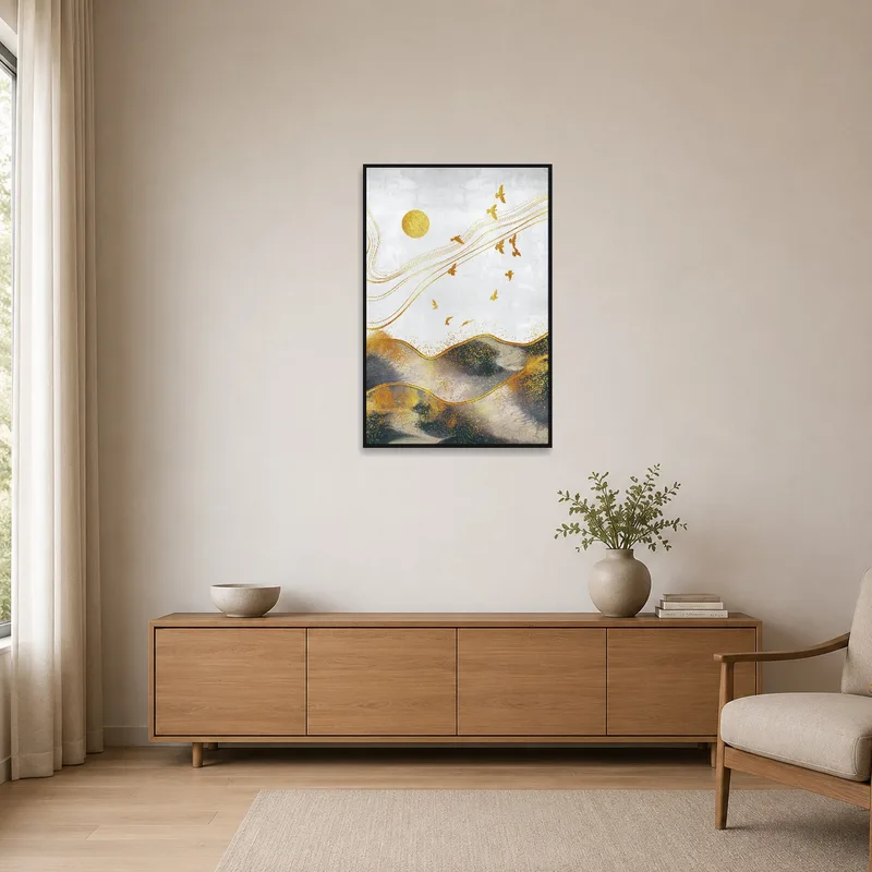 Minimalist space highlighting Golden Horizon with birds in flight.