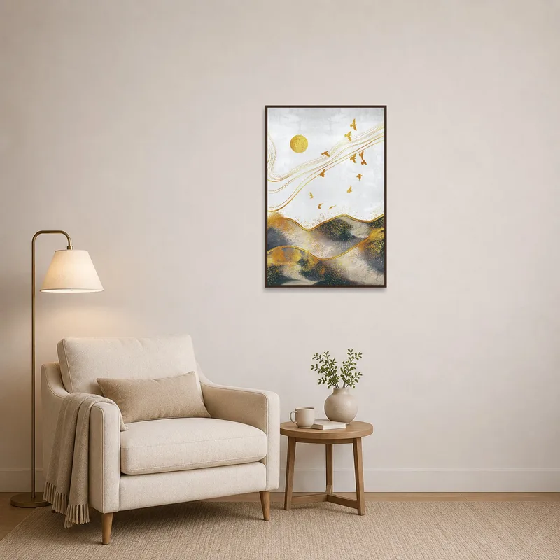 Reading corner adorned with Golden Horizon, birds in motion.