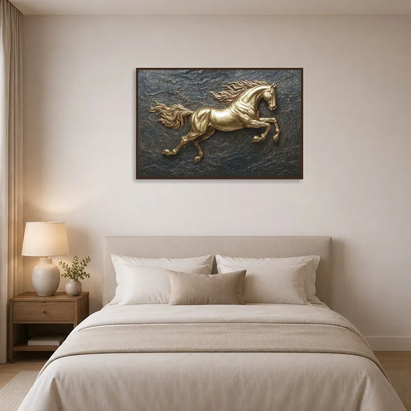 Bedroom wall adorned with art of a golden horse on a textured earthy background.