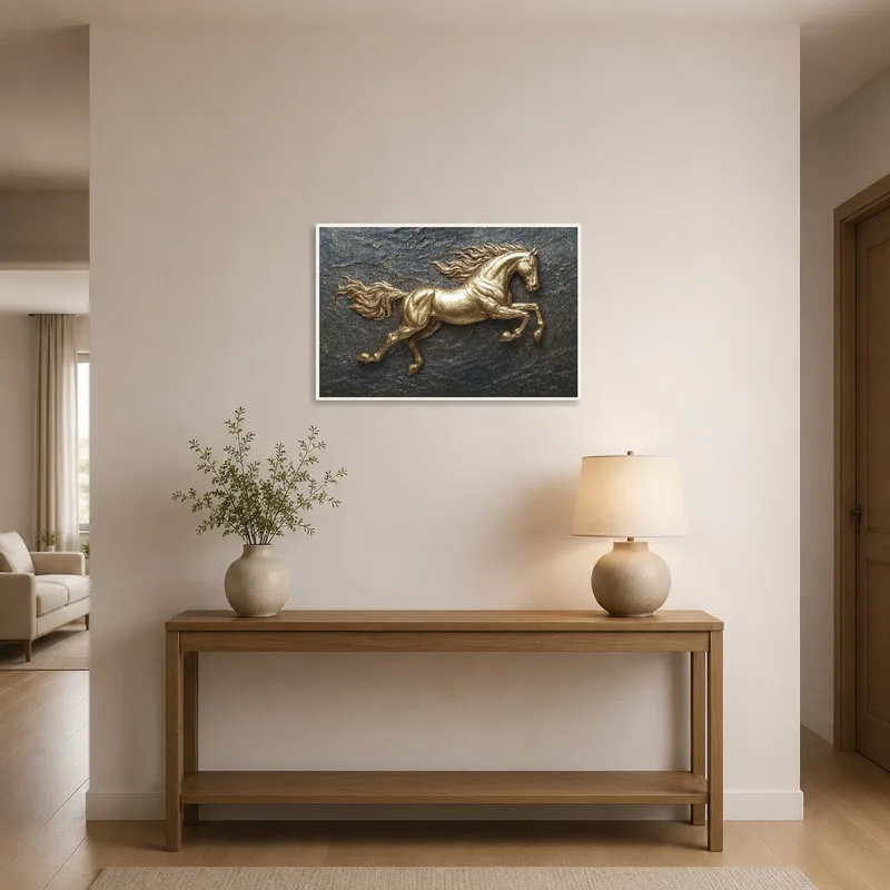 Entrance hall featuring golden horse art with an earthy, textured backdrop.