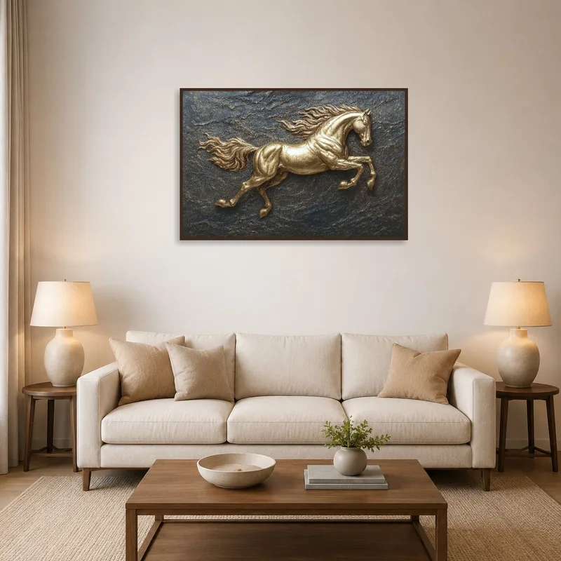 Golden horse art on a textured earthy background in a stylish living room setting.