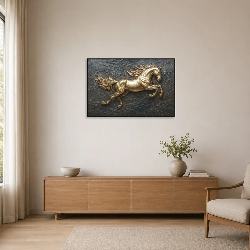 Minimalist room showcasing golden horse art with a textured earthy background.
