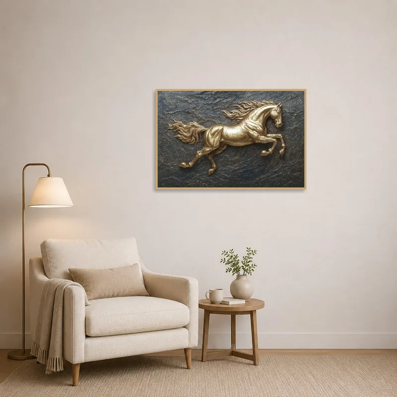 Reading corner displaying art of a golden horse against an earthy, textured background.