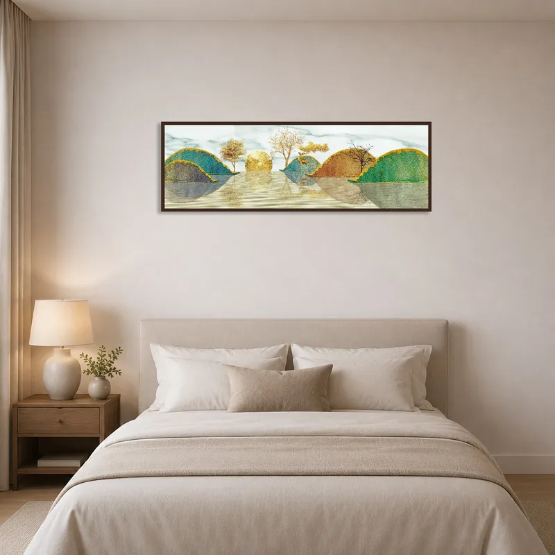 Golden landscape artwork with trees and deer complementing a serene bedroom.