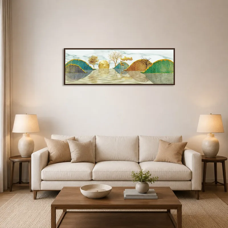 Golden landscape artwork with trees and deer above a modern living room sofa.