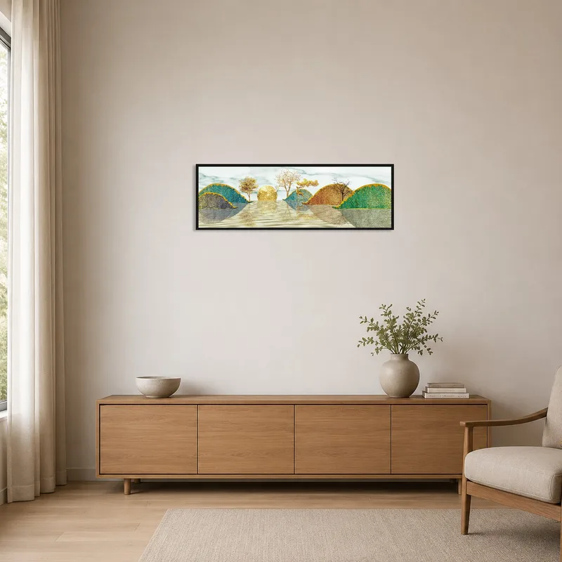 Minimalist room displaying a golden landscape with trees and deer on a clean wall.