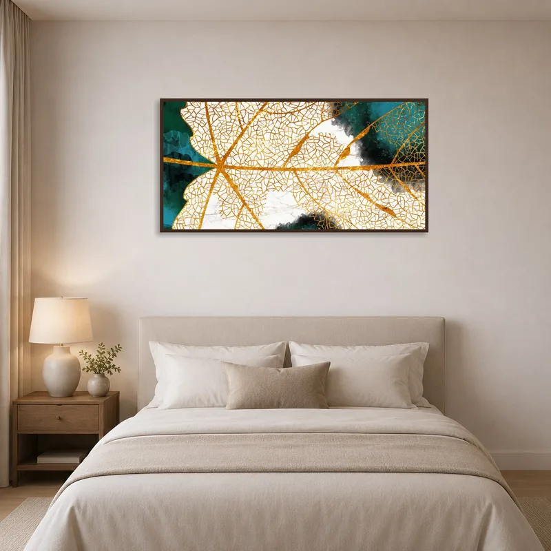 Golden Leaf Abstract art provides soothing tones in a contemporary bedroom.