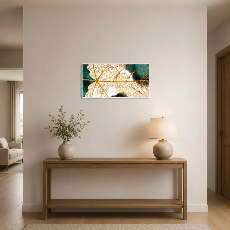 Entrance hall's Golden Leaf Abstract art adds elegance and color to the space.