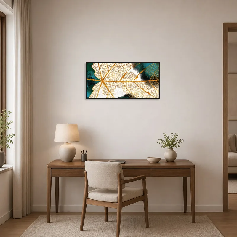 Home office wall adorned with Golden Leaf Abstract art for an inspiring touch.