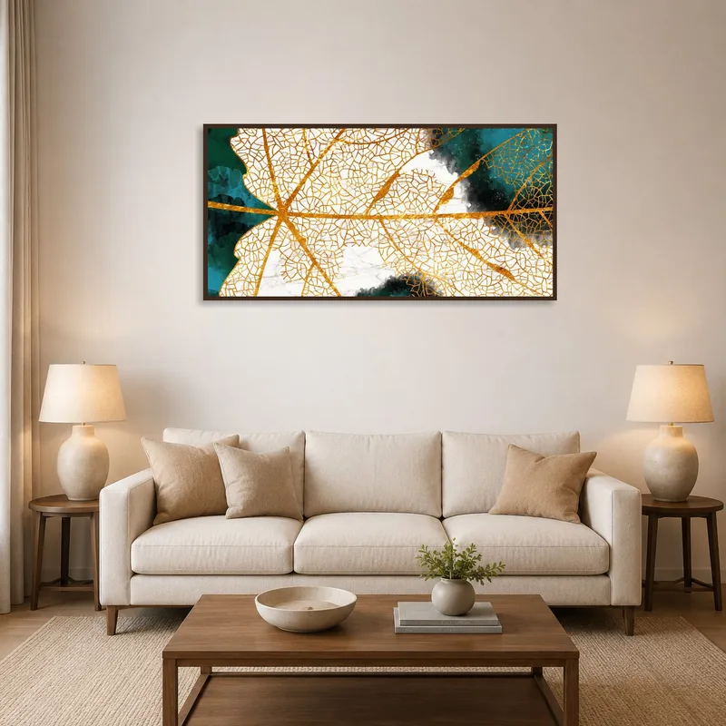 Golden Leaf Abstract art on teal and black enhances a modern living room wall.