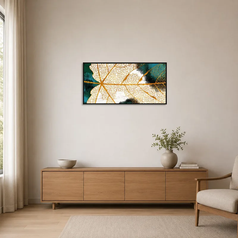 Minimalist room features Golden Leaf Abstract art as a vibrant focal point.