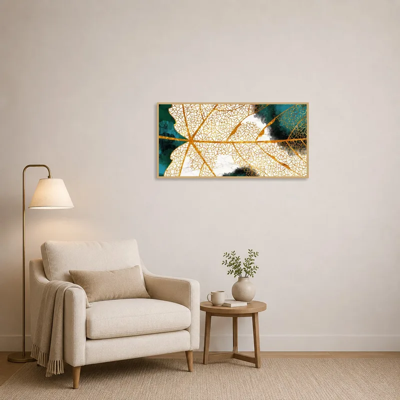 Reading corner enriched with Golden Leaf Abstract art on a dark backdrop.
