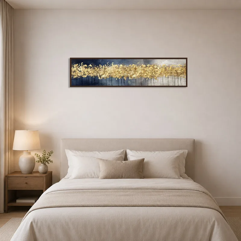 Golden Leaf Abstract Panoramic Art beautifully complements the relaxing atmosphere of a bedroom.