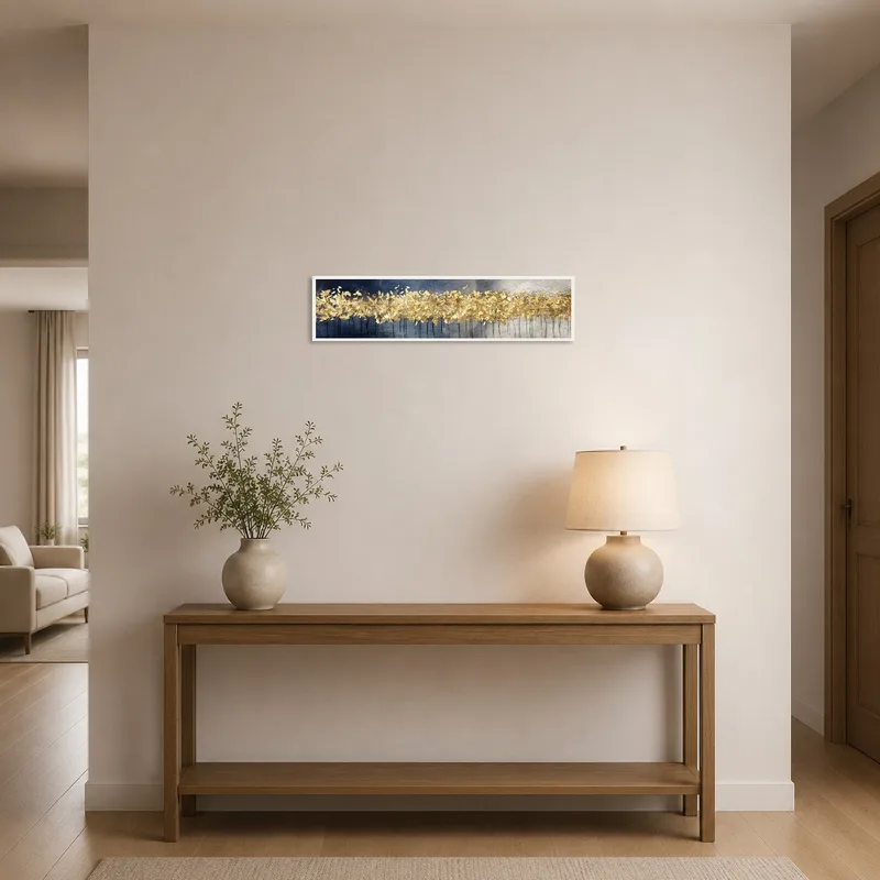Golden Leaf Abstract Panoramic Art adds a touch of elegance to a welcoming entrance hall.