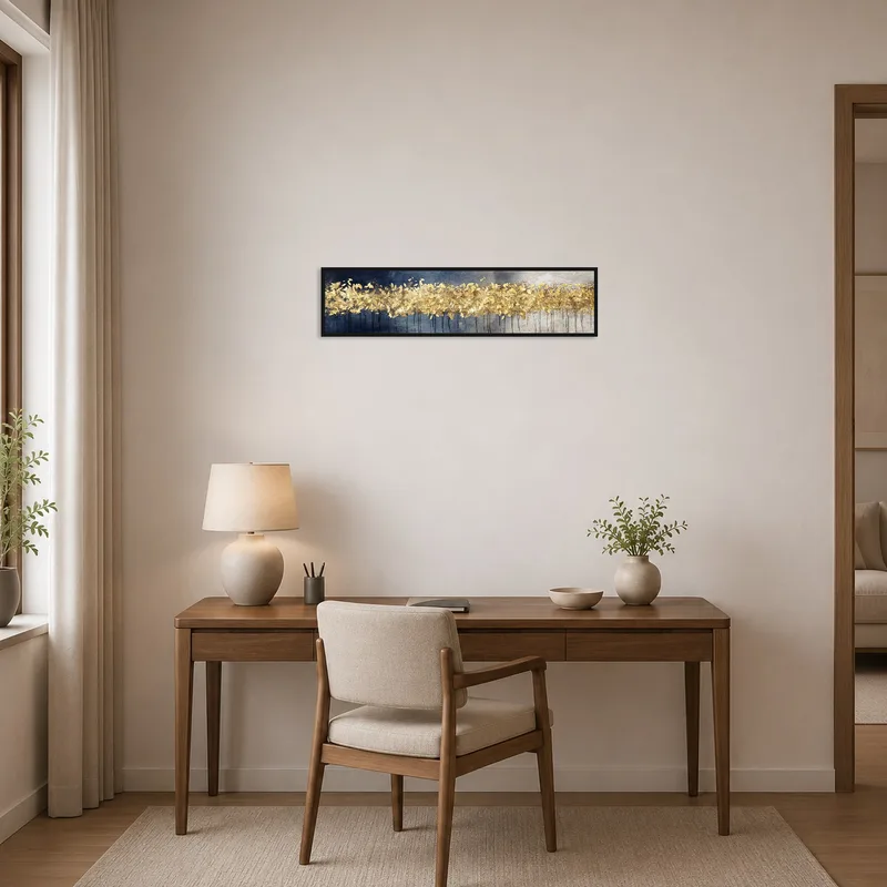 Golden Leaf Abstract Panoramic Art lends a sophisticated touch to a productive home office.