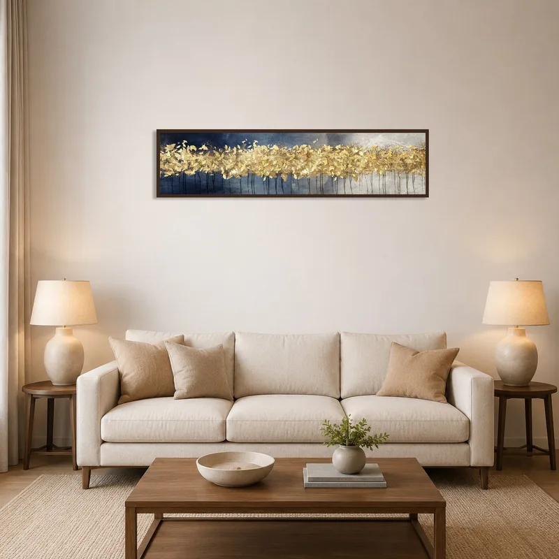 Golden Leaf Abstract Panoramic Art displayed above a modern sofa in a cozy living room.