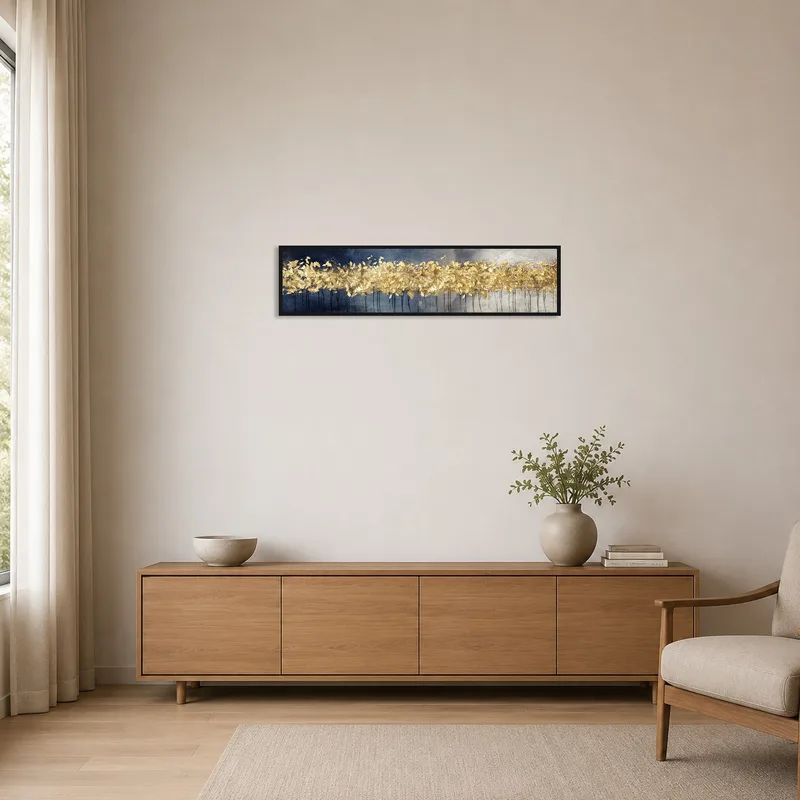 Golden Leaf Abstract Panoramic Art enhances the clean lines of a minimalist room.