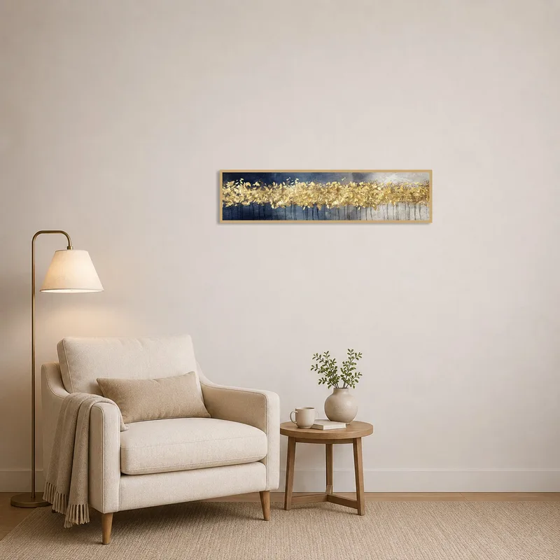 Golden Leaf Abstract Panoramic Art brings a serene ambiance to a quiet reading corner.