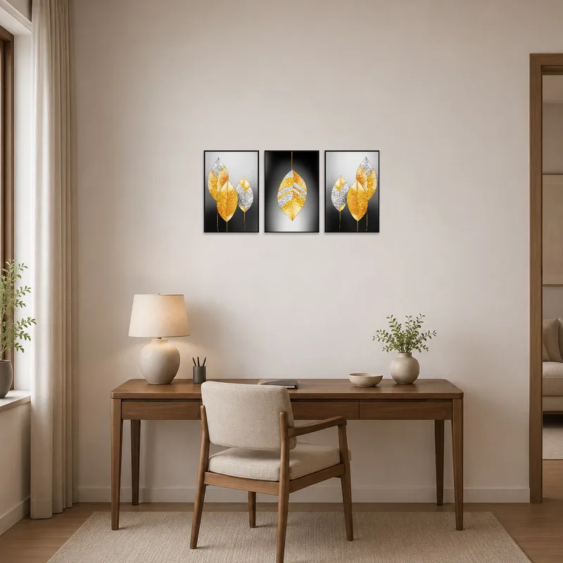 A golden leaf triptych set enhances the professional look of the home office.