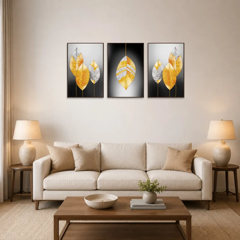 A golden leaf abstract triptych set adds elegance above the living room sofa.