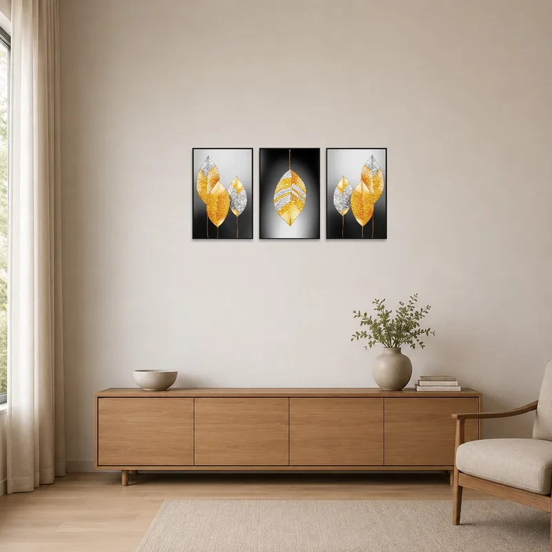 Golden leaf abstract art complements the clean lines of the minimalist space.