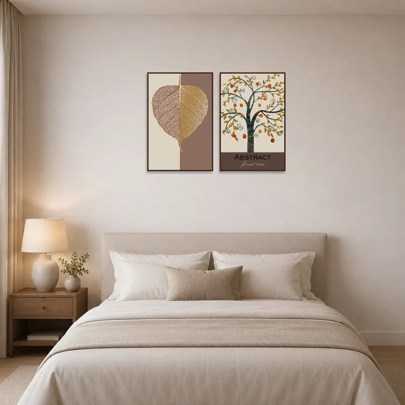 Serene bedroom showcases golden leaf and abstract tree art set above the bed.