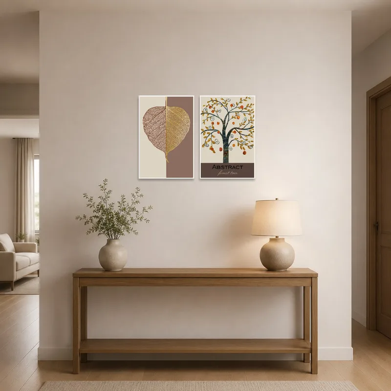 Entrance hall displaying golden leaf and abstract tree art, welcoming guests with elegance.