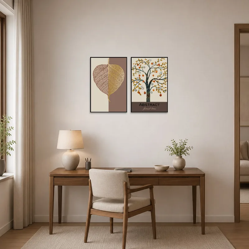 Home office with a calming art set of a golden leaf and abstract tree on the wall.