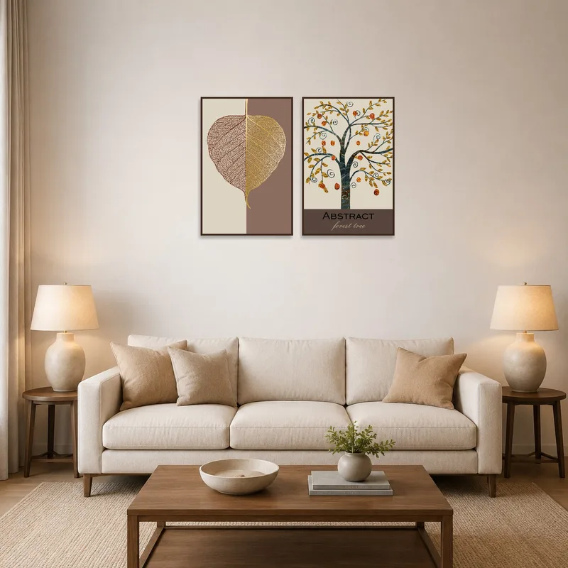 Art set with a golden leaf and abstract tree on a living room wall above a modern sofa.