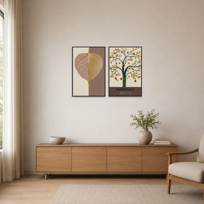 Minimalist room featuring art set of a golden leaf and abstract tree on a stark white wall.