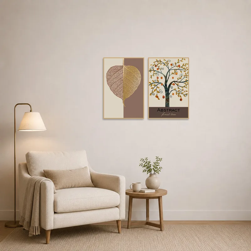Reading corner adorned with art set of a golden leaf and abstract tree, adding tranquility.