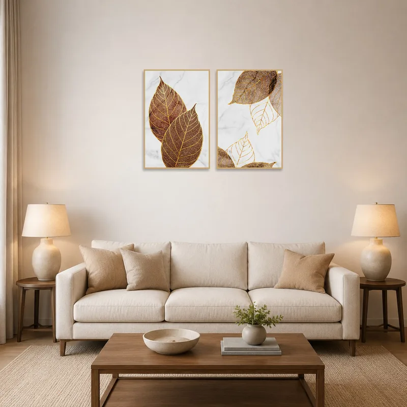 Golden leaf artwork set on marble displayed above a modern living room sofa.