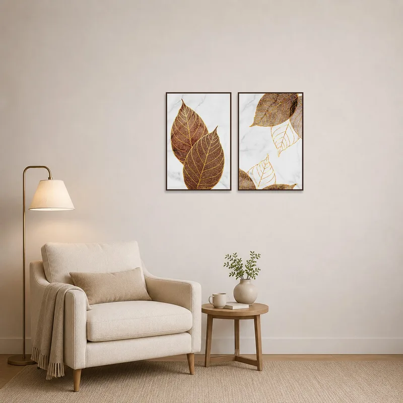 Golden leaf set on marble adds sophistication to a reading corner with cozy seating.