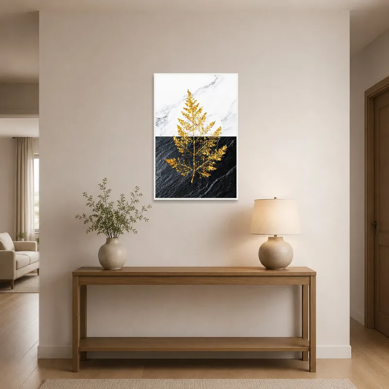 Golden leaf art welcomes guests in a stylish entrance hall.