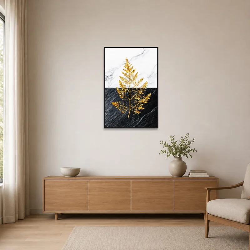 Golden leaf print adds elegance to a minimalist room with clean lines.