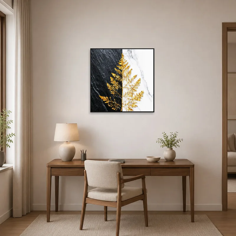 Golden leaf art elevates a modern home office space.