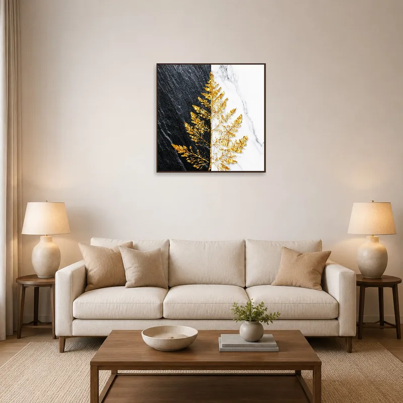 Golden leaf art piece adding elegance to a chic living room.