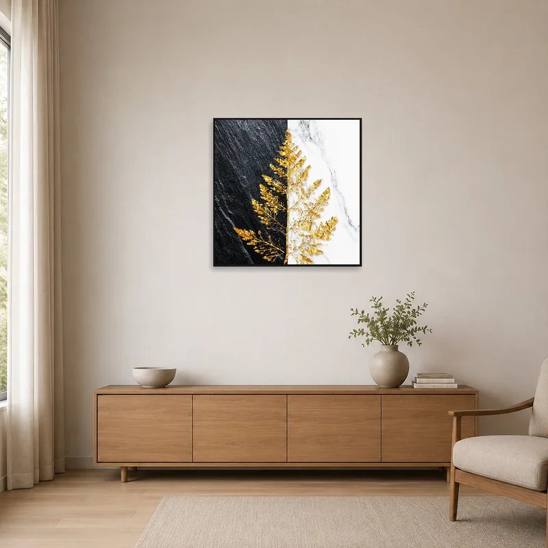 Golden leaf art against minimalistic white interiors.