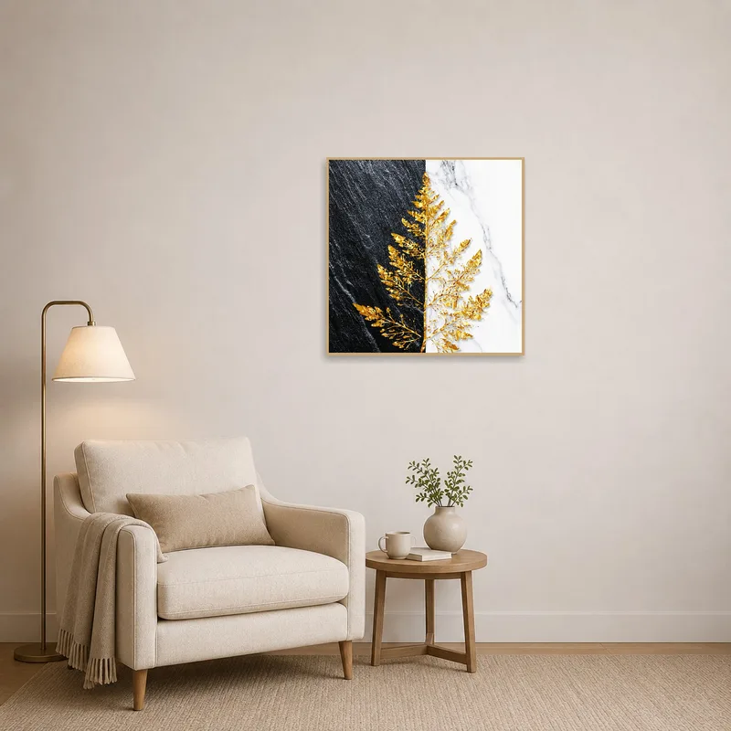 Golden leaf artwork enriches a cozy reading nook.
