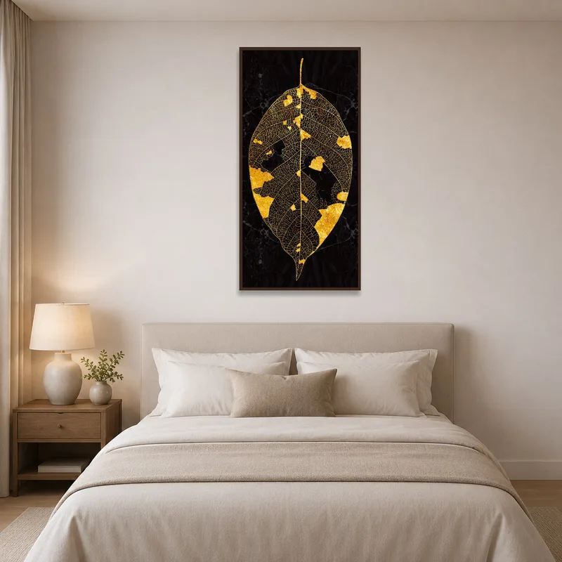 Dramatic black canvas with Golden Leaf Veins in a serene bedroom.