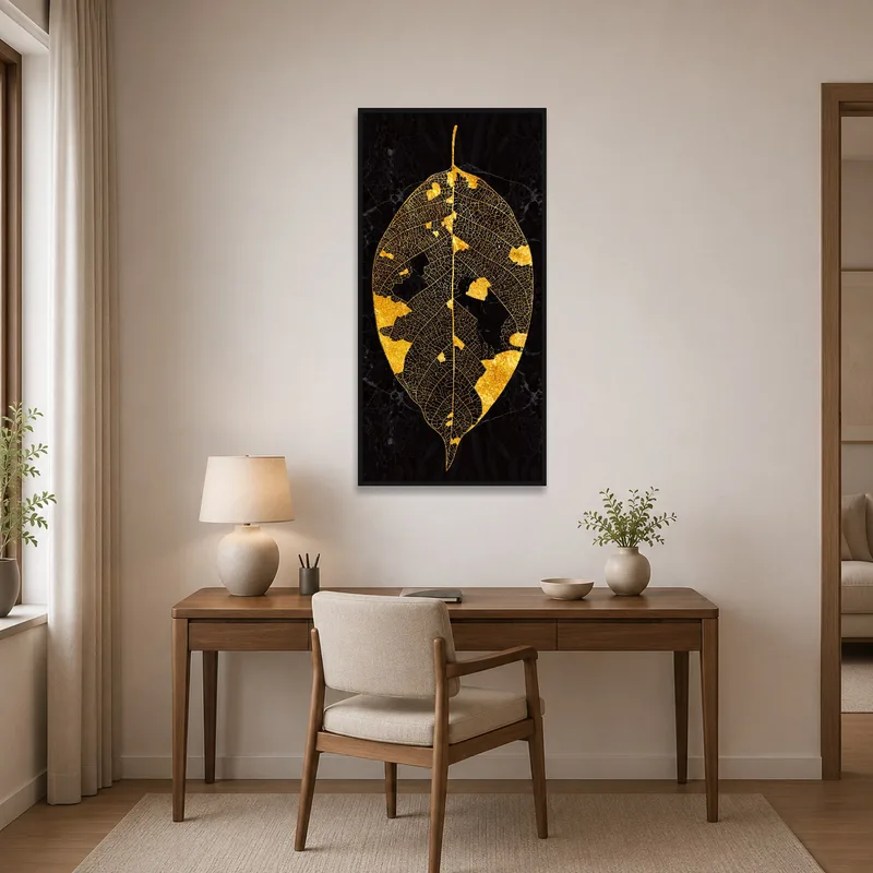 Golden Leaf Veins artwork inspiring creativity in a home office setup.