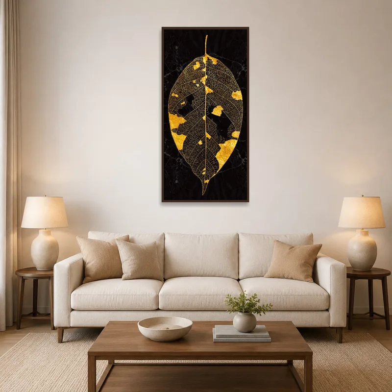 Golden Leaf Veins on dramatic black canvas in a stylish living room setting.