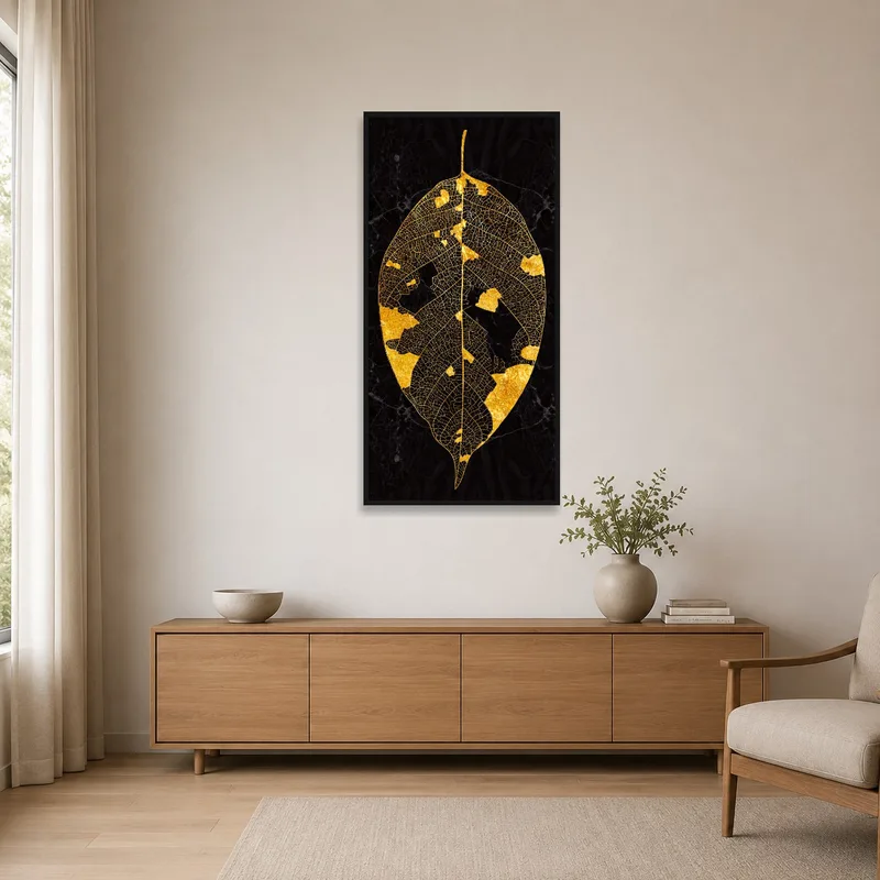 Golden Leaf Veins art in a sleek minimalist room, enhancing the space's simplicity.