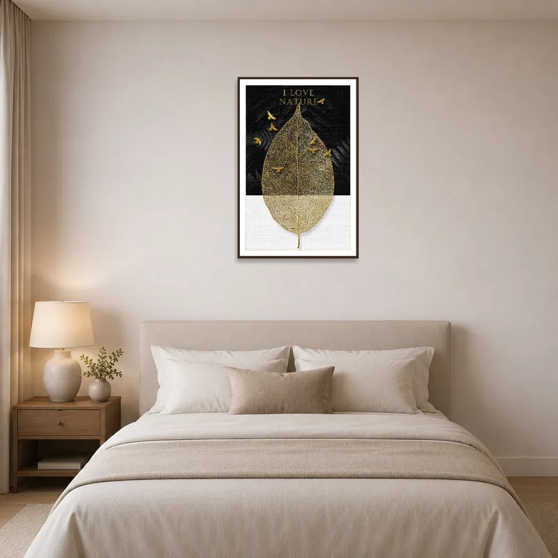 Birds and golden leaves bring warmth and calmness to the bedroom wall.